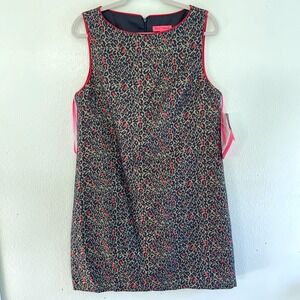 NWT Womens Betsey Johnson Leopard Gold Metallic Shift Dress Navy Red Multi 14
